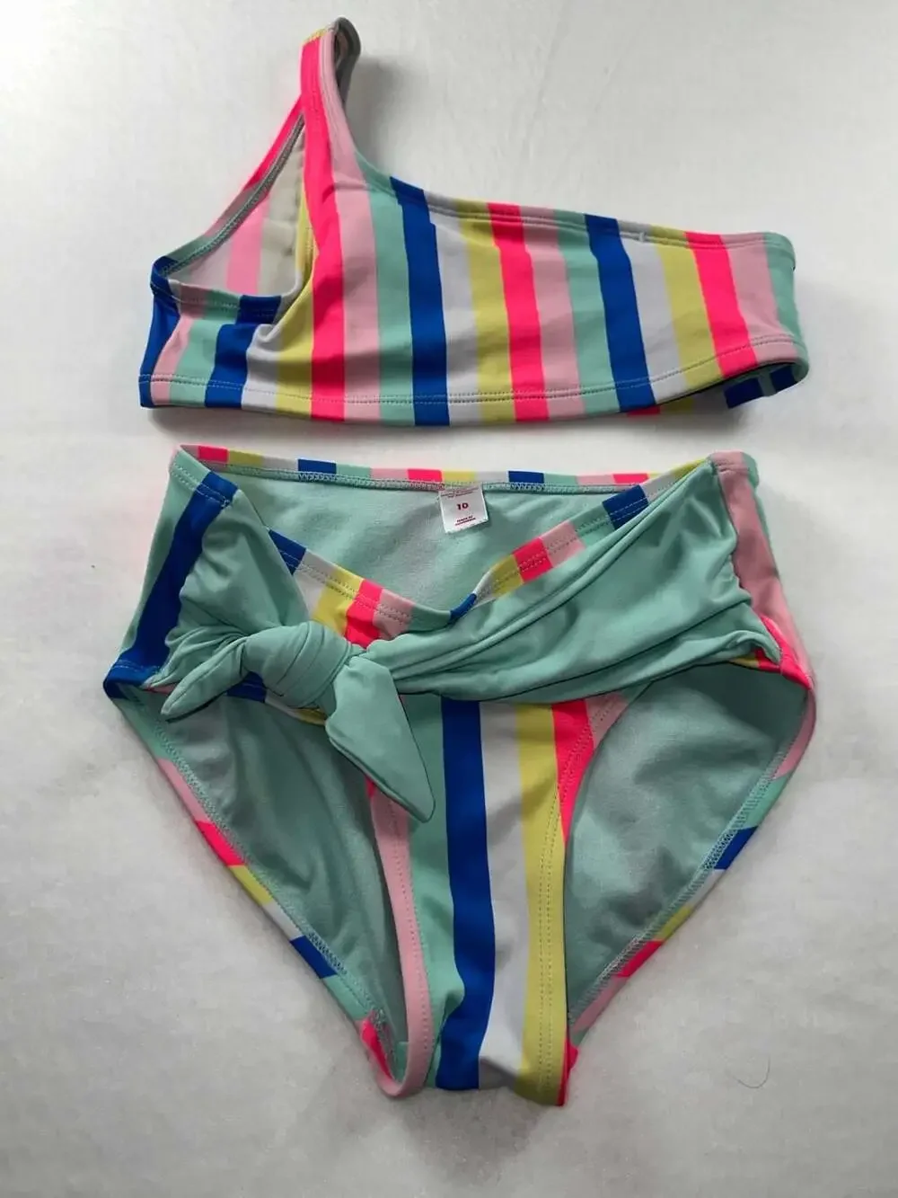 Justice Girls One Shoulder Candy Stripe High-Waist Tie Bikini Set Size 10